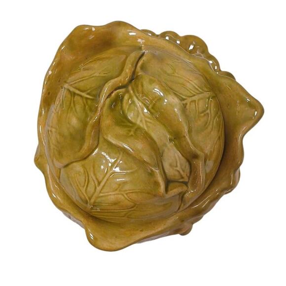 Cabbage Lettuce Turain Serving Bowl Lid Dish Platter Green Ceramic Cottage Farm - Picture 10 of 16